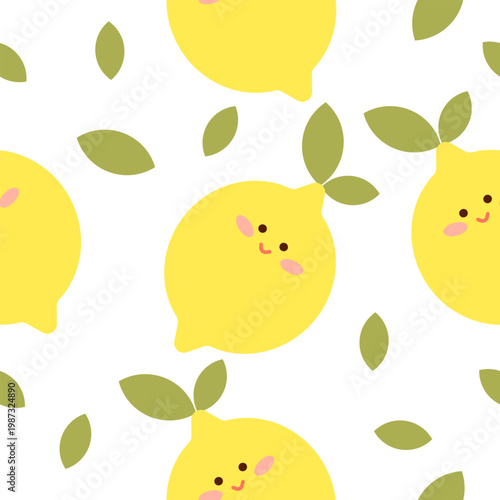 Cute lemon seamless pattern with leaves, kawaii fruit vector illustration, pastel minimal style