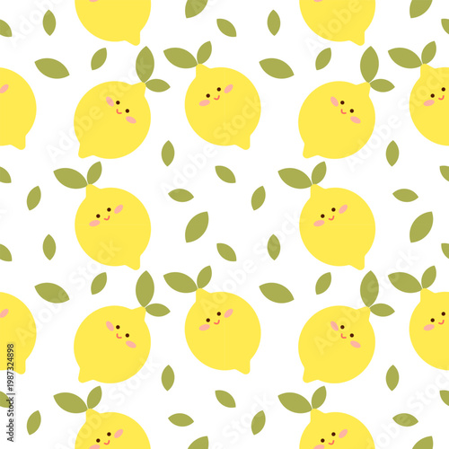 Seamless pattern with cute smiling lemons and scattered leaves in kawaii style. Bright yellow fruits and soft green tones create a fresh and playful composition. Minimal flat vector illustration