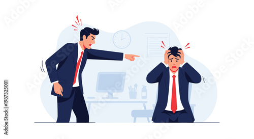 Angry boss in a suit yells and points his finger at a stressed employee who is covering his ears in a corporate office environment.