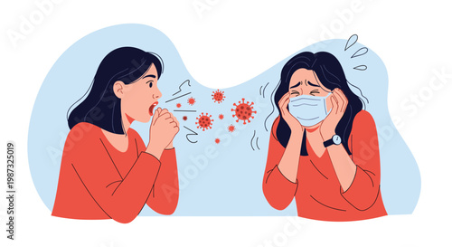 Sick woman without a mask is coughing near another woman who is wearing a protective medical mask and looking very concerned.