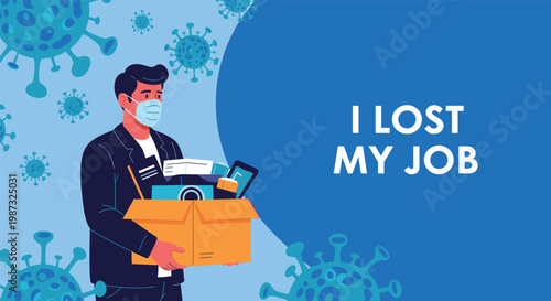 Sad man wearing a face mask holds a cardboard box filled with office supplies after losing his job during a viral pandemic crisis.