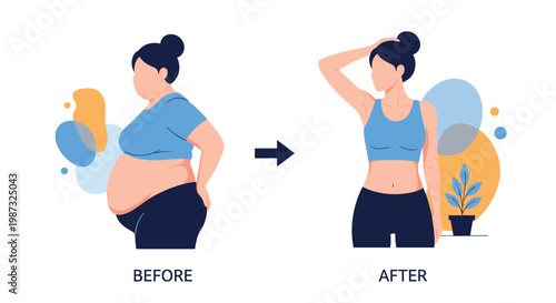 Woman demonstrates successful weight loss journey from an overweight silhouette to a thin and toned body shape against a blue backdrop.