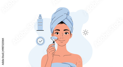Young woman with a towel on her head uses a jade or quartz roller for facial massage and skincare routine in a bathroom setting.