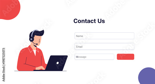 Contact us web page layout featuring a male customer support agent with a headset and a laptop next to a message submission form.