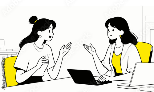 Minimalist flat vector illustration two women sitting in a business setting having a conversation near a laptop