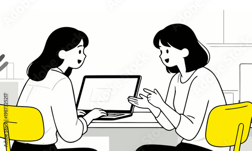 Minimalist flat vector illustration two women sitting in a business setting having a conversation near a laptop