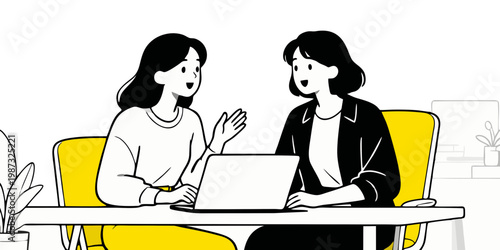 Minimalist flat vector illustration two women sitting in a business setting having a conversation near a laptop