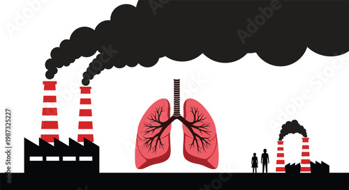 Silhouette of a factory emitting thick black smoke next to a large pair of human lungs symbolizing the impact of air pollution.