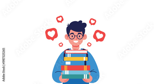 Happy young student with glasses holding a stack of books with several red heart social media like icons floating around him.