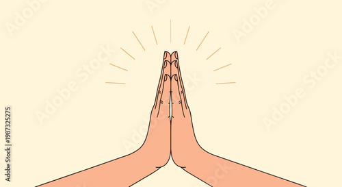 Two hands coming together in a prayer or namaste gesture with light rays emanating from the top against a light beige background.