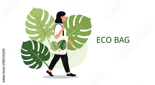 Young woman walking and carrying an eco-friendly fabric shopping bag with green monstera leaf prints against a natural background.