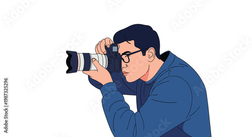 Professional male photographer wearing glasses and a blue jacket focused on taking a picture with a large DSLR camera lens.