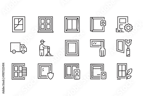 Window repair and installation icon set with technician, delivery, and home improvement symbols