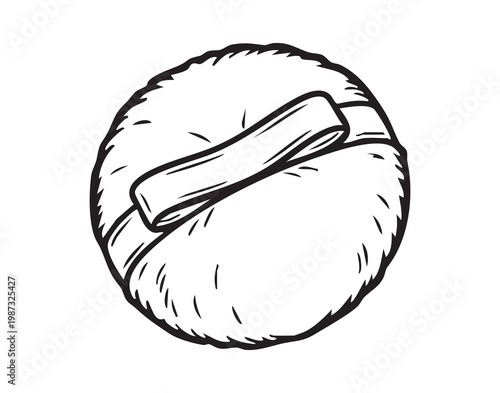 Soft powder puff with ribbon, plush round applicator shown in simple lineart, vintage vanity accessory for foundation and loose powder, gentle skin touch, ideal for makeup kit and product mockups
