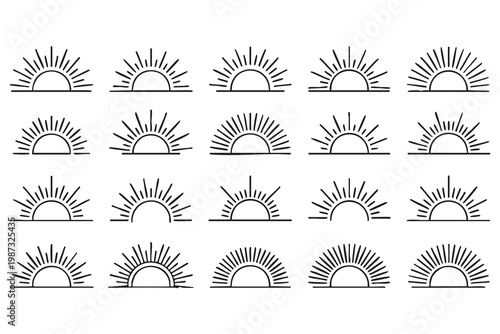 Sunrise and sunset icon set with sun rays and horizon symbols for weather, nature, and solar energy design