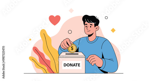 Man puts a gold coin into a white donation box labeled donate to support charitable organizations and people in need.