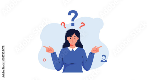 Confused young woman in a blue sweater pointing in different directions with question marks floating above her head.