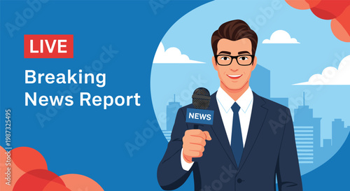 Professional male news reporter in a suit holding a microphone and speaking during a live breaking news broadcast in the city.