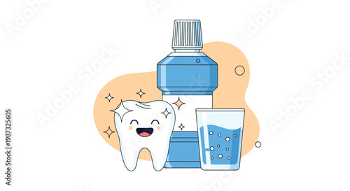 Smiling cartoon tooth character standing next to a bottle of mouthwash and a glass of water for daily oral hygiene.