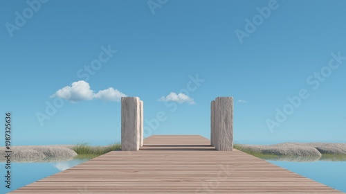 Minimal scene of a wooden pier extending toward a calm horizon with soft clouds, ideal for travel, escape, and conceptual background themes.