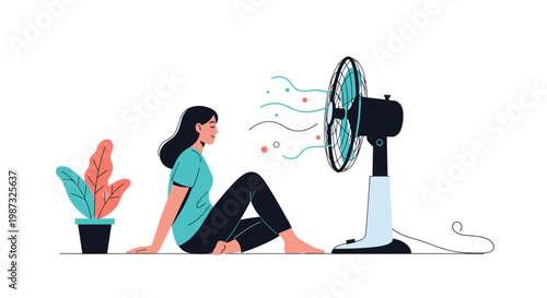 Young woman sitting on the floor and feeling the cool breeze from an electric fan to escape the summer heat indoors.