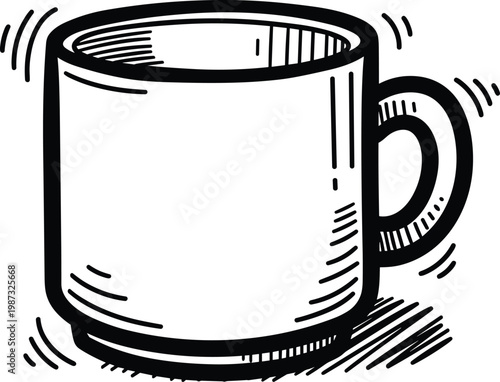 Mug with handle, hot beverage cup, coffee or tea, hand-drawn cartoon style, breakfast drink container.