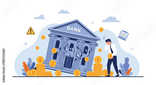 Businessman looking worried and holding his head next to a cracked and collapsing bank building during a financial crisis.