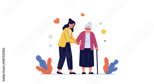 Compassionate volunteer helps an elderly woman walk with a cane while floating hearts symbolize dedicated care and kindness.