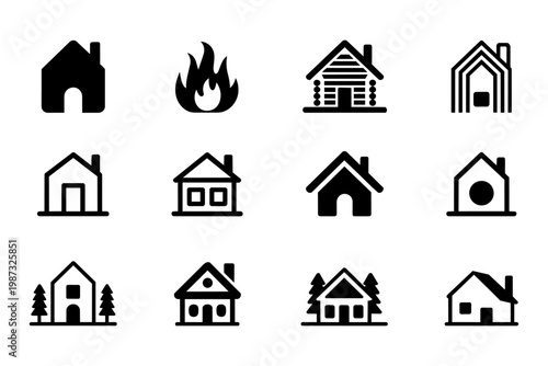 Set of simple black home symbols featuring various roof styles and chimney designs. Perfect for web interface design and real estate marketing material.