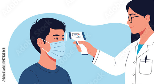 Healthcare worker uses a digital infrared thermometer to check the body temperature of a boy wearing a protective surgical mask.