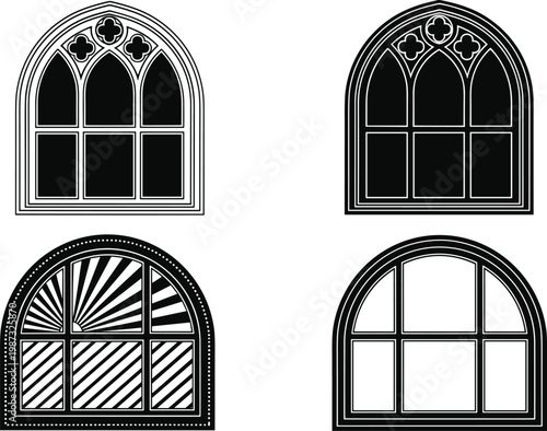 Set of gothic arched window silhouettes with ornamental tracery and decorative glass patterns for medieval architecture.