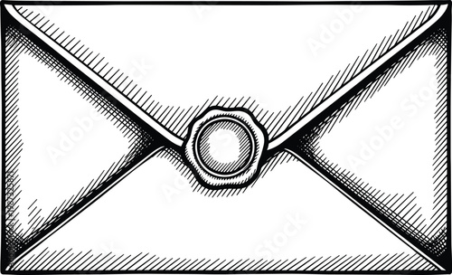 Vintage hand-drawn envelope with wax seal openable stationery mail postal communication delivery document message correspondence.