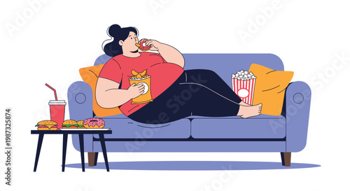 Lazy young woman lies on her purple sofa while eating unhealthy junk food snacks like donuts, burgers, and popcorn.