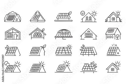 Solar energy and eco home icon set with photovoltaic panels and renewable power symbols for sustainability design