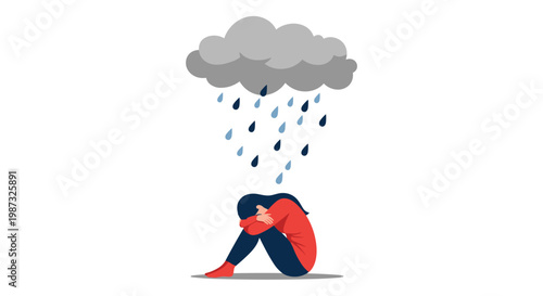 Depressed person sits alone on the ground under a dark raining cloud representing sadness, grief, and mental health struggles.