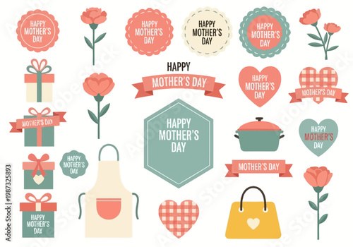 Happy Mother's Day Illustration Set with Icons, Labels, and Floral Elements - Collection of Decorative Badges, Flowers, and Gift Tags in Soft Pastel Colors