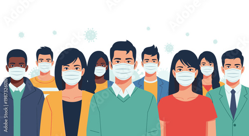 Large group of diverse people wear protective surgical face masks to prevent the spread of contagious viruses and infections.
