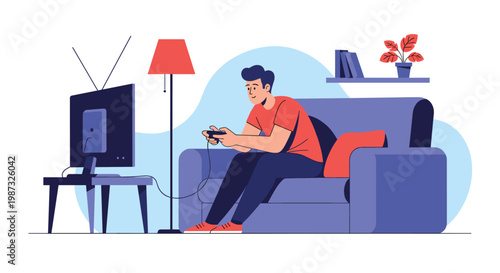 Young gamer sits on a comfortable couch while playing an exciting video game on a television screen in a modern living room.