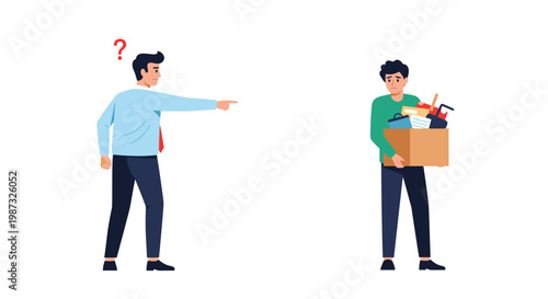 Angry boss fires a sad employee who is carrying a cardboard box full of his personal office supplies and belongings.