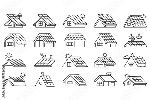 Green energy icon set with solar panels and eco houses for renewable power and smart home solutions