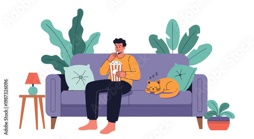 Relaxed man sits on a purple sofa eating a bowl of popcorn while his orange cat sleeps peacefully next to him at home.