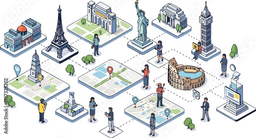 Global Travel and Tourism Concept with Isometric Landmarks, World Map Navigation, and People Using Mobile Apps for Sightseeing and Vacation Planning