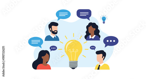 Diverse team of professionals works together around a large glowing light bulb symbolizing a bright idea or innovation.