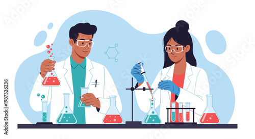 Male and female scientists in white lab coats conduct medical research using beakers and pipettes in a laboratory setting.