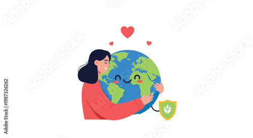 Happy woman hugs a smiling planet Earth to show her love and care for the global environment and ecological sustainability.