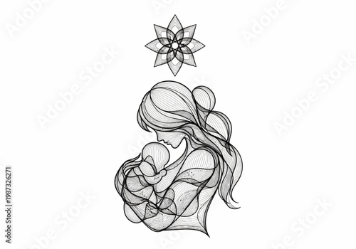 Minimalist Mother and Baby Line Art Illustration with Sacred Geometry Star Symbol Above - Conceptual Motherhood and New Life Design