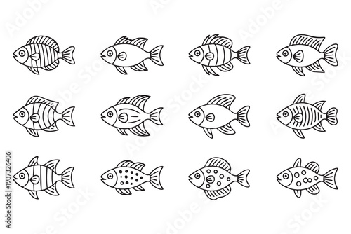 Underwater fish icon set with tropical species for aquarium, wildlife, and marine design use