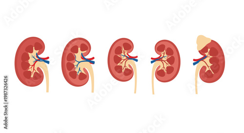 Medical illustration displays several views of the internal structure of a human kidney organ showing renal anatomy.