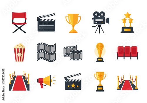 Cinema and Movie Production Icon Set Featuring Film Camera, Clapperboard, Red Carpet, Award Trophies, and Popcorn for Film Industry Design