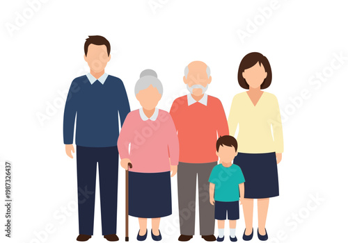 Multi-Generational Family Portrait Vector Illustration - Parents, Grandparents, and Child Together in Minimalist Flat Design